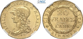 Torino, Repubblica Subalpina (1800-1802), 20 Franchi l'An 10, Rara Au 22 mm, 6,45 g, di conservazione eccezionale per il tipo con pieno lustro di zecc...