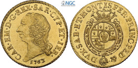 Savoia, Carlo Emanuele III (1730-1773), Doppia nuova 1763/2 (ribattuta su 1762), RR Au 26 mm, ca 9,6 g, di gran qualità con i fondi quasi speculari, i...