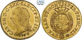 Savoia, Carlo Emanuele III (1730-1773), Doppia nuova 1764, Rara Au 26 mm, ca 9,6 g, di eccelsa qualità con pieno lustro di zecca, in Slab NGC MS63 Top...