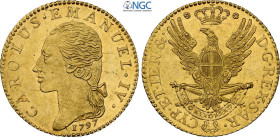 Savoia, Carlo Emanuele IV (1796-1800), 1/2 Doppia 1797, RR Au 20 mm, 4,55 g, ottimo esemplare, in Slab NGC MS62+