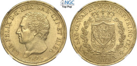 Savoia, Carlo Felice (1821-1831), 80 Lire 1825 Torino, Au 33 mm, 25,8 g, di qualità inusuale per la tipologia, in Slab NGC MS63 Top Pop (cert. 6773132...