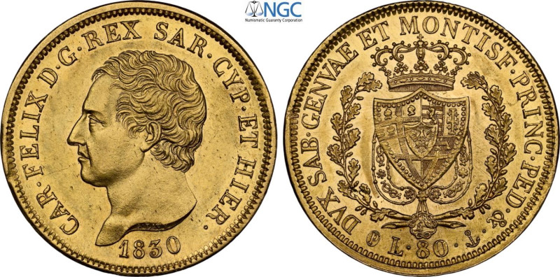 Savoia, Carlo Felice (1821-1831), 80 Lire 1830 Genova, Au 33 mm, 25,8 g, in Slab...