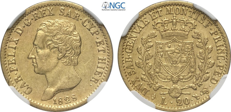 Savoia, Carlo Felice (1821-1831), 20 Lire 1828-L Torino, Au 21 mm, 6,45 g, in Sl...