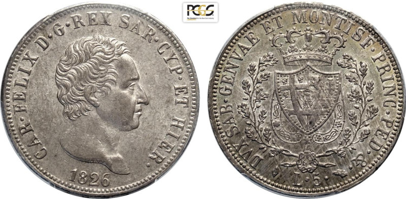 Savoia, Carlo Felice (1821-1831), 5 Lire 1826 Torino, Ag 37 mm, 25 g, in Slab PC...