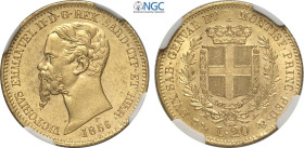 Savoia, Vittorio Emanuele II Re di Sardegna (1849-1861), 20 Lire 1856 Genova, Au 21 mm, 6,45 g, ottimo esemplare, in Slab NGC MS63 (only 1 coin is gra...