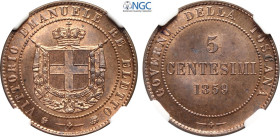 Savoia, Vittorio Emanuele II Re Eletto (1859-1861), 5 Centesimi 1859, Cu 25 mm, 2 g, in Slab NGC MS65 RB (only 1 coin is graded higher)