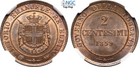 Savoia, Vittorio Emanuele II Re Eletto (1859-1861), 2 Centesimi 1859, Cu 20 mm, 2 g, in Slab NGC MS65 RB Top Pop (cert. 5883932009)