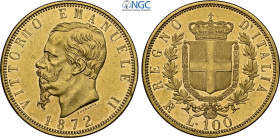 Regno d'Italia, Vittorio Emanuele II (1861-1878), 100 Lire 1872, coniati 661 esemplari, RR Au 34 mm, 32,25 g, in Slab NGC MS60
