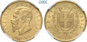 Regno d'Italia, Vittorio Emanuele II (1861-1878), 20 Lire 1861-T, Rara Au 21 mm, 6,45 g, alta conservazione per il millesimo, in Slab NGC MS63