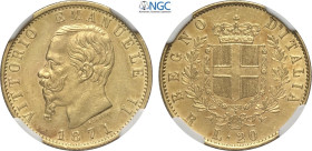 Regno d'Italia, Vittorio Emanuele II (1861-1878), 20 Lire 1871-R, Rara Au 21 mm, 6,45 g, in Slab NGC AU55