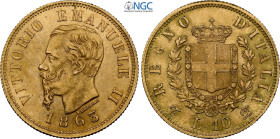 Regno d'Italia, Vittorio Emanuele II (1861-1878), 10 Lire 1863-T, Au 19 mm, 3,22 g, in Slab NGC MS63