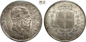 Regno d'Italia, Vittorio Emanuele II (1861-1878), 5 Lire 1865-T, Torino, Rara Ag 37 mm, 25 g, in Slab PCGS MS62