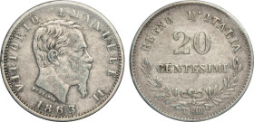 Regno d'Italia, Vittorio Emanuele II (1861-1878), 20 Centesimi 1863-T, BN Rovesciato, RRRR Ag 16 mm, 1 g, sigillata A. Bazzoni senza indicazione della...