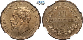 Regno d'Italia, Vittorio Emanuele II (1861-1878), 10 Centesimi 1862-M, Cu 30 mm, 10 g, eccezionale, in Slab NGC MS65 RB Top Pop (cert. 6633859004)