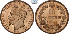 Regno d'Italia, Vittorio Emanuele II (1861-1878), 10 Centesimi 1866-H, Cu 30 mm, 10 g, eccezionale in rame rosso con i fondi speculari, in Slab NGC MS...