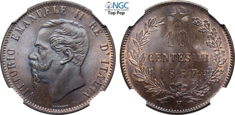 Regno d'Italia, Vittorio Emanuele II (1861-1878), 10 Centesimi 1867-H, Cu 30 mm,...