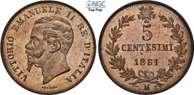 Regno d'Italia, Vittorio Emanuele II (1861-1878), 5 Centesimi 1861-M, Cu 25 mm, 2 g, eccezionale in rame rosso, in Slab NGC MS66 RB Top Pop (cert. 212...