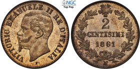 Regno d'Italia, Vittorio Emanuele II (1861-1878), 2 Centesimi 1861-M, Cu 20 mm, 2 g, eccezionale in rame rosso con i fondi speculari, in Slab NGC MS66...