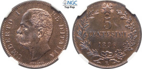 Regno d'Italia, Umberto I (1878-1900), 5 Centesimi 1896, Rara Cu 25 mm, 5 g, in Slab NGC MS65 RB Top Pop (cert. 6643824010)