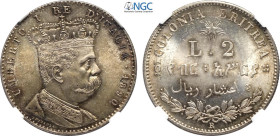 Regno d'Italia, Umberto I Colonia Eritrea (1890-1896), 4/10 Tallero da 2 Lire 1890, Ag 27 mm, 10 g, eccezionale con bellissima patina, in Slab NGC MS6...