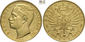Regno d'Italia, Vittorio Emanuele III (1900-1943), 100 Lire 1905, coniati 1012 esemplari, RR Au 35 mm, 32,25 g, fondi speculari (Prooflike), in Slab P...