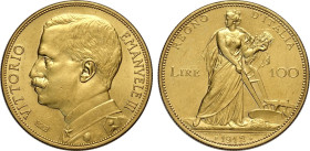 Regno d'Italia, Vittorio Emanuele III (1900-1943), 100 Lire 1912, RR Au 35 mm, 32,25 g, leggermente pulita al rovescio altrimenti SPL+