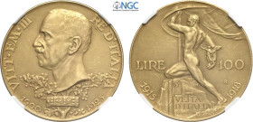 Regno d'Italia, Vittorio Emanuele III (1900-1943), 100 Lire 1925, Rara Au 35 mm, 32,25 g, ottimo esemplare, in Slab NGC PF63 Matte