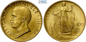 Regno d'Italia, Vittorio Emanuele III (1900-1943), 100 Lire 1931-IX, Au 23,5 mm, 8,8 g, in Slab NGC MS65