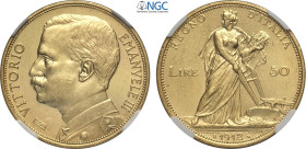 Regno d'Italia, Vittorio Emanuele III (1900-1943), 50 Lire 1912, Rara Au 28 mm, 16,13 g, in Slab NGC MS62