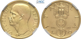 Regno d'Italia, Vittorio Emanuele III (1900-1943), 50 Lire 1936, coniati 790 esemplari, RR Au 20,5 mm, 4,4 g, in Slab NGC UNC-cleaned (lieve pulitura)
