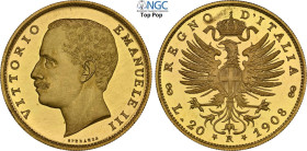 Regno d'Italia, Vittorio Emanuele III (1900-1943), 20 Lire 1908, contorno con rigatura fitta (tipo originale e coevo). RRRRR Au 21 mm, 6,45 g. Unico e...