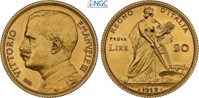 Regno d'Italia, Vittorio Emanuele III (1900-1943), 20 Lire 1912 Prova, Pag-186 RRRR Au 21 mm, 6,45 g, eccezionale, in Slab NGC MS65