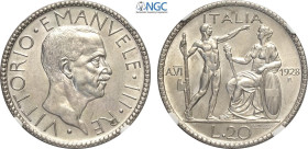 Regno d'Italia, Vittorio Emanuele III (1900-1943), 20 Lire 1928 Littore, Ag 35,5 mm, 15 g, in Slab NGC MS61