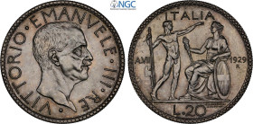 Regno d'Italia, Vittorio Emanuele III (1900-1943), 20 Lire 1929, coniati 50 esemplari, RRR Ag 35,5 mm, 15 g, in Slab NGC MS64