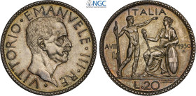 Regno d'Italia, Vittorio Emanuele III (1900-1943), 20 Lire 1930, coniati 50 esemplari, RRR Ag 35,5 mm, 15 g, in Slab NGC MS65