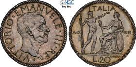 Regno d'Italia, Vittorio Emanuele III (1900-1943), 20 Lire 1931, coniati 50 esemplari, RRR Ag 35,5 mm, 15 g, eccezionale, in Slab NGC MS66 Top Pop (ce...