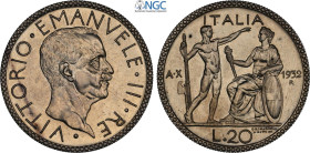 Regno d'Italia, Vittorio Emanuele III (1900-1943), 20 Lire 1932, coniati 50 esemplari, RRR Ag 35,5 mm, 15 g, in Slab NGC MS65