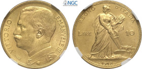 Regno d'Italia, Vittorio Emanuele III (1900-1943), 10 Lire 1912, RRR Au 19 mm, 3,22 g, in Slab NGC MS63
