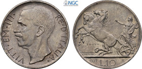 Regno d'Italia, Vittorio Emanuele III (1900-1943), 10 Lire 1927 Prova, RRRR Pag-211 Ag 27 mm, 10 g, in Slab NGC MS64 (only 1 coin is graded higher)