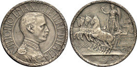 Regno d'Italia, Vittorio Emanuele III (1900-1943), 5 Lire 1906 Prova in metallo argentato su due lamine, Mont-197, RRRR 37 mm, 13,97 e 11,59 g, FDC
