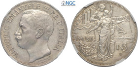 Regno d'Italia, Vittorio Emanuele III (1900-1943), 5 Lire 1911, Rara Ag 37 mm, 25 g, In Slab NGC UNC-rev rim filed (NGC segnala un difetto al bordo de...