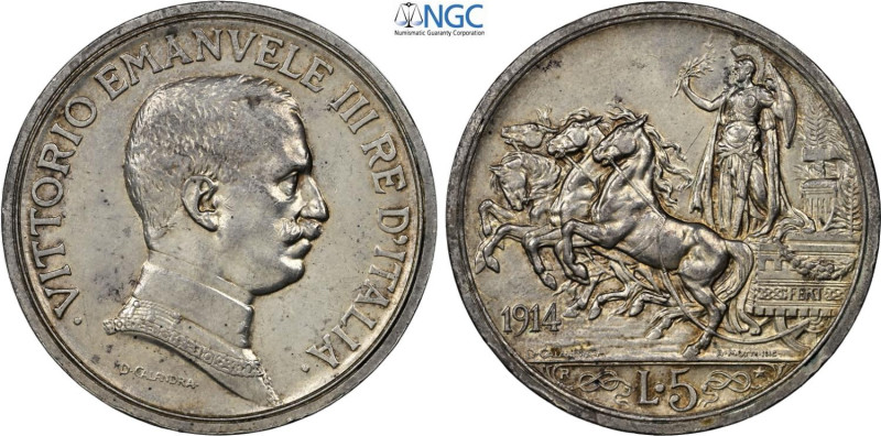 Regno d'Italia, Vittorio Emanuele III (1900-1943), 5 Lire 1914, RR Ag 37 mm, 25 ...