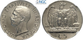 Regno d'Italia, Vittorio Emanuele III (1900-1943), 5 Lire 1926, 1° Prova tecnica fuori virola, C/in rilievo, RRRR Pag-223 (il label NGC cita Pag-224va...