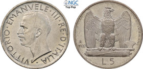 Regno d'Italia, Vittorio Emanuele III (1900-1943), 5 Lire 1927 Prova Min. Ril., RRRR Pag-230 Ag 23 mm, 5 g, In Slab NGC MS65 Top Pop (cert. 8358622004...