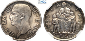 Regno d'Italia, Vittorio Emanuele III (1900-1943), 5 Lire 1936, Ag 23 mm, 5 g, eccezionale, in Slab NGC MS66 (only 1 coin is graded higher)