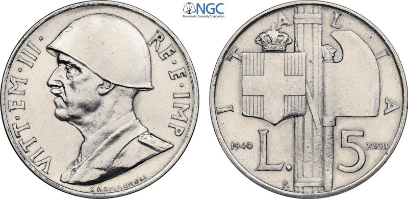 Regno d'Italia, Vittorio Emanuele III (1900-1943), 5 Lire 1940 Prova in nichelio...