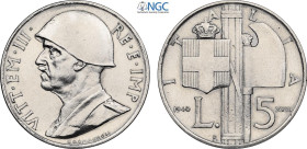 Regno d'Italia, Vittorio Emanuele III (1900-1943), 5 Lire 1940 Prova in nichelio, RRRR Pag-235 Ni 33,2 mm, 12,7 g, in Slab NGC MS64 (only 1 coin is gr...