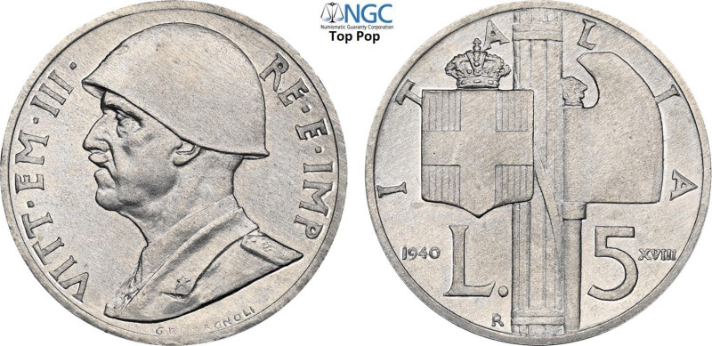Regno d'Italia, Vittorio Emanuele III (1900-1943), 5 Lire 1940 Prova in allumini...