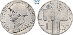 Regno d'Italia, Vittorio Emanuele III (1900-1943), 5 Lire 1940 Prova in alluminio, RRRR Mont-245, Sim-107/1, Al 33,2 mm, 4 g, in Slab NGC MS64 Top Pop...