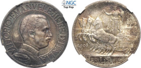 Regno d'Italia, Vittorio Emanuele III (1900-1943), 2 Lire 1908, Ag 27 mm, 10 g, eccezionale, in Slab NGC MS65+ Top Pop (cert. 5883940008)